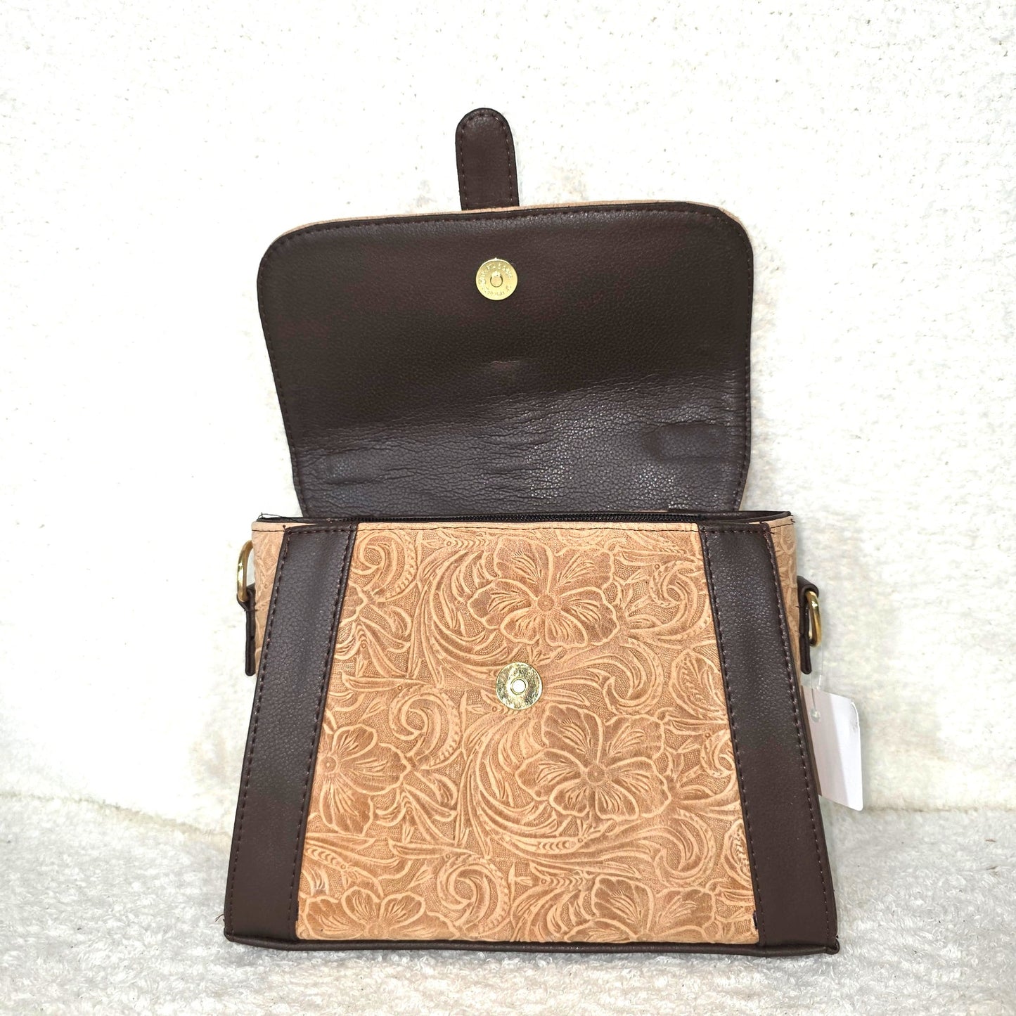 Handcrafted Mexican Floral Embossed Pinkish Tan Genuine Leather Top-Handle Bag