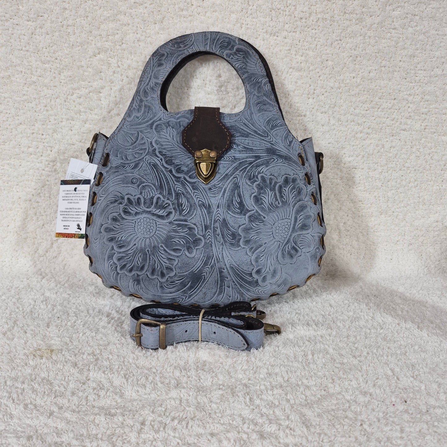 Hand-Tooled Blue Floral Genuine Leather Saddle Bag with Brown Whipstitching