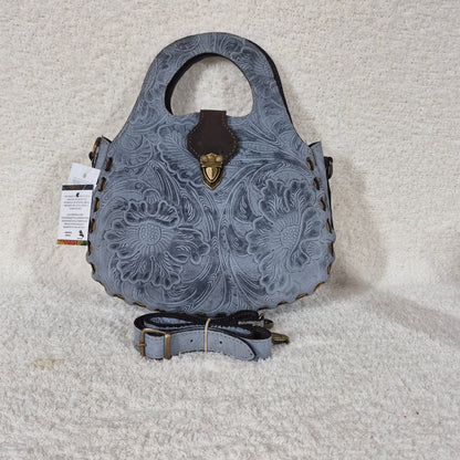 Hand-Tooled Blue Floral Genuine Leather Saddle Bag with Brown Whipstitching