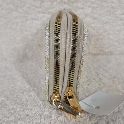 Cream Gold Crackle Leather Double Zip Bifold Wallet | Handmade in Mexico