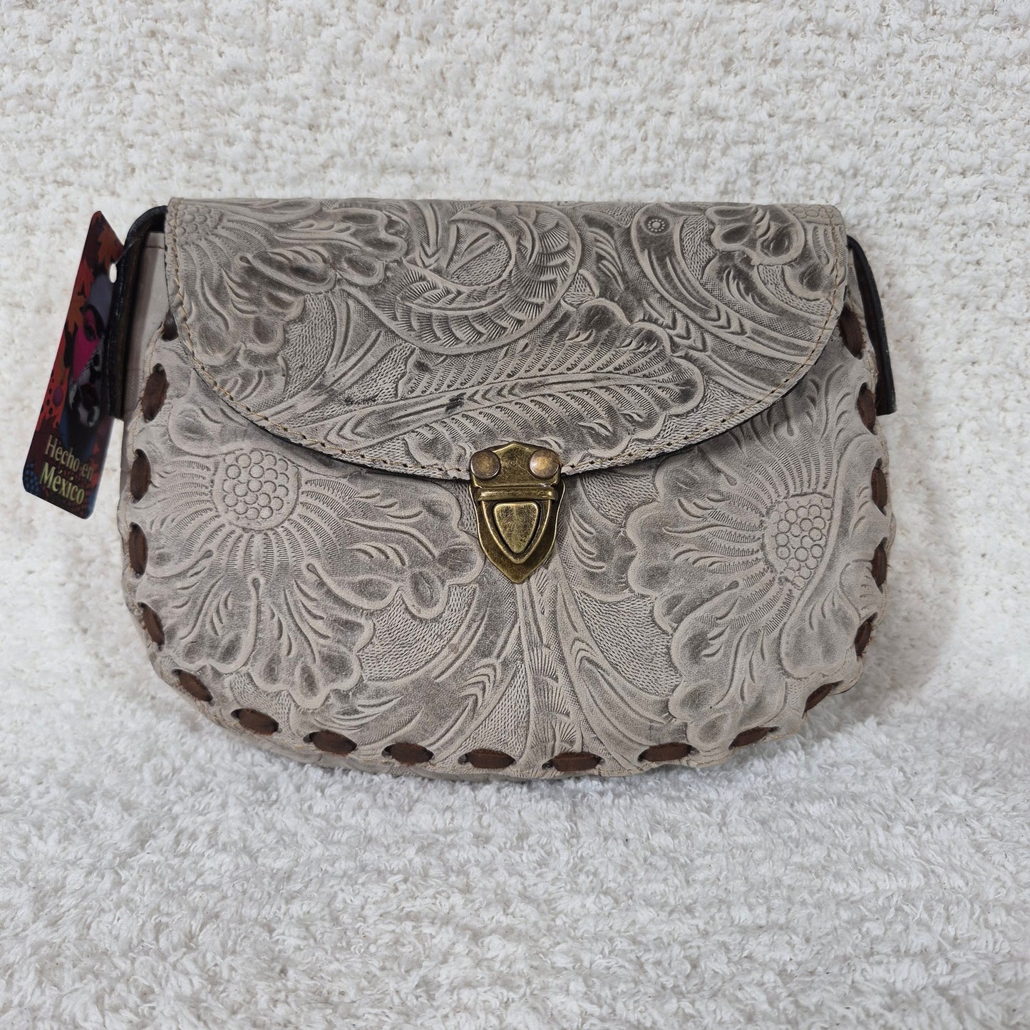 Hand-Tooled Gray Genuine Leather Saddle Bag with Brown Whipstitching