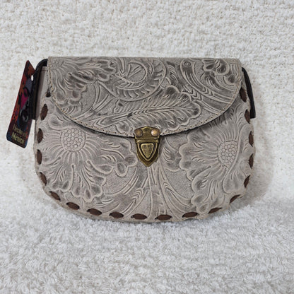 Gray Hand-Tooled Genuine Leather Saddle Bag with Brown Whipstitching — Handmade in León, Mexico