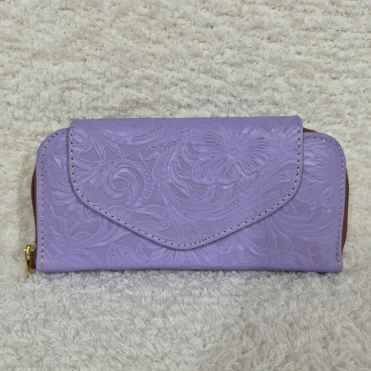 Lilac Floral Embossed Leather Flap Closure Wallet — Handmade in León, Guanajuato, Mexico