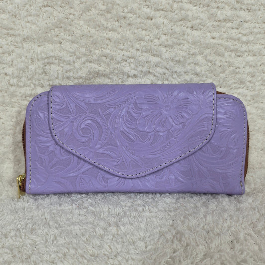 Lilac Floral Embossed Leather Flap Closure Wallet — Handmade in León, Guanajuato, Mexico