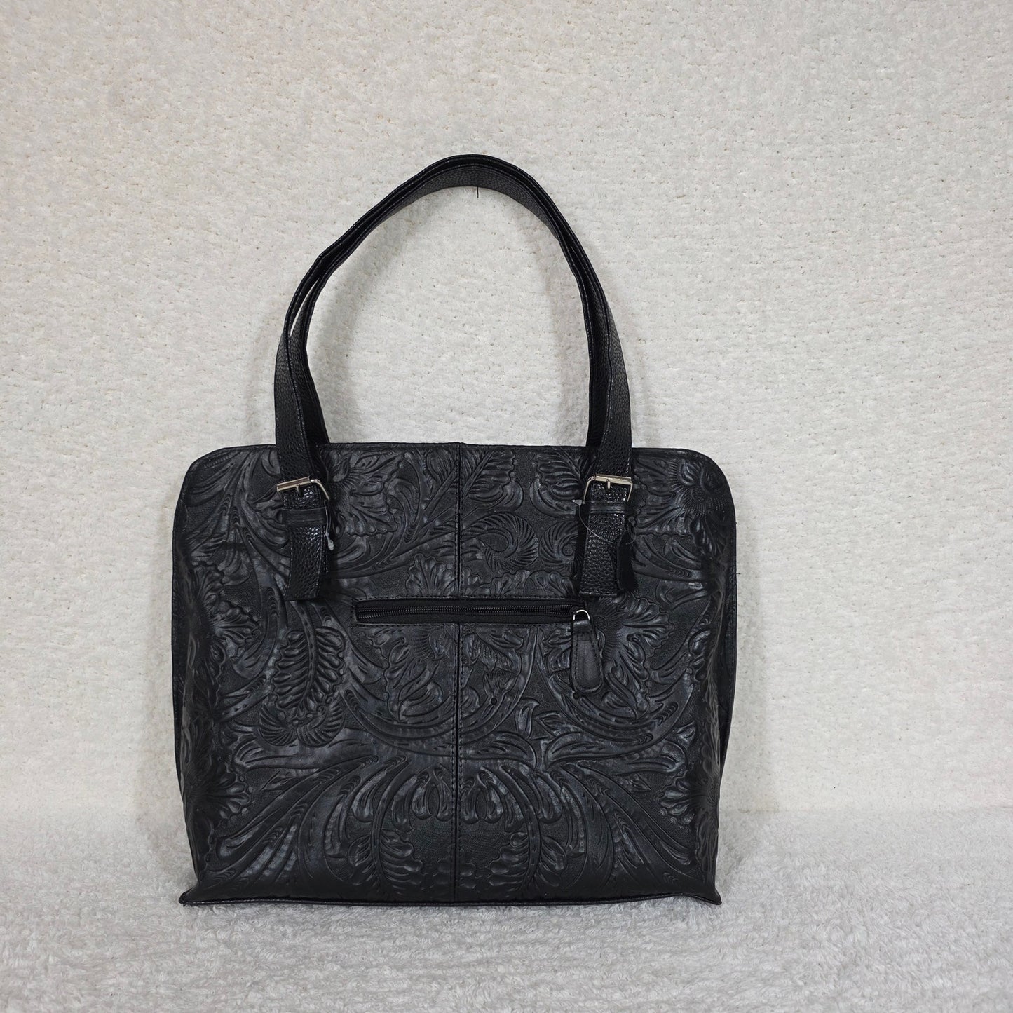Handcrafted Mexican Black Floral Embossed Leather Tote Bag