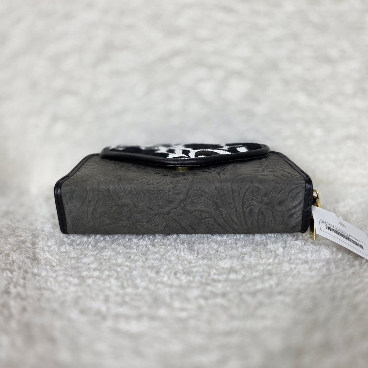 Dark Gray Chiapas Loom & Floral Embossed Leather Convertible Wallet Crossbody with Black Trim