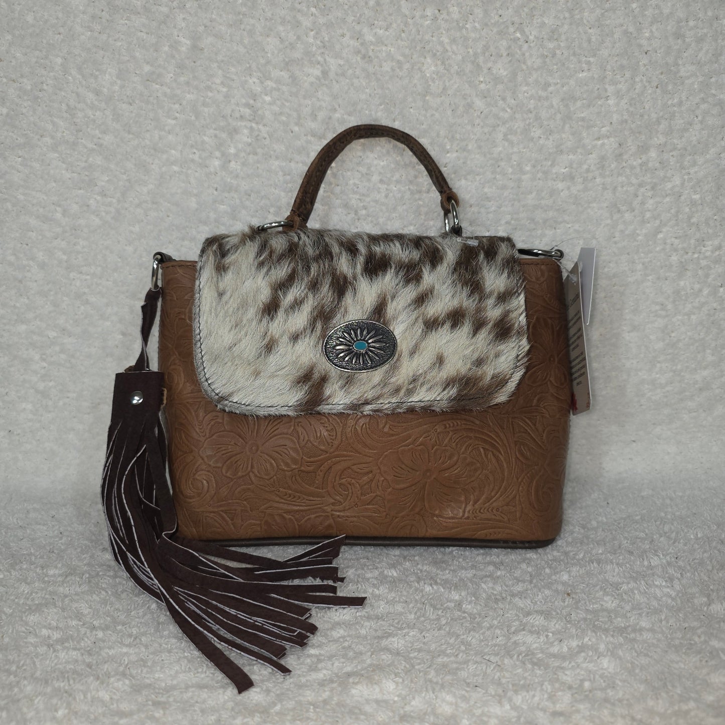 Handcrafted Mexican Brown Tooled Leather & Cowhide Hair-On Western Handbag with Turquoise Concho