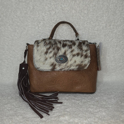 Brown Hand-Tooled Leather & Cowhide Hair-On Western Handbag with Turquoise Concho — Mexico
