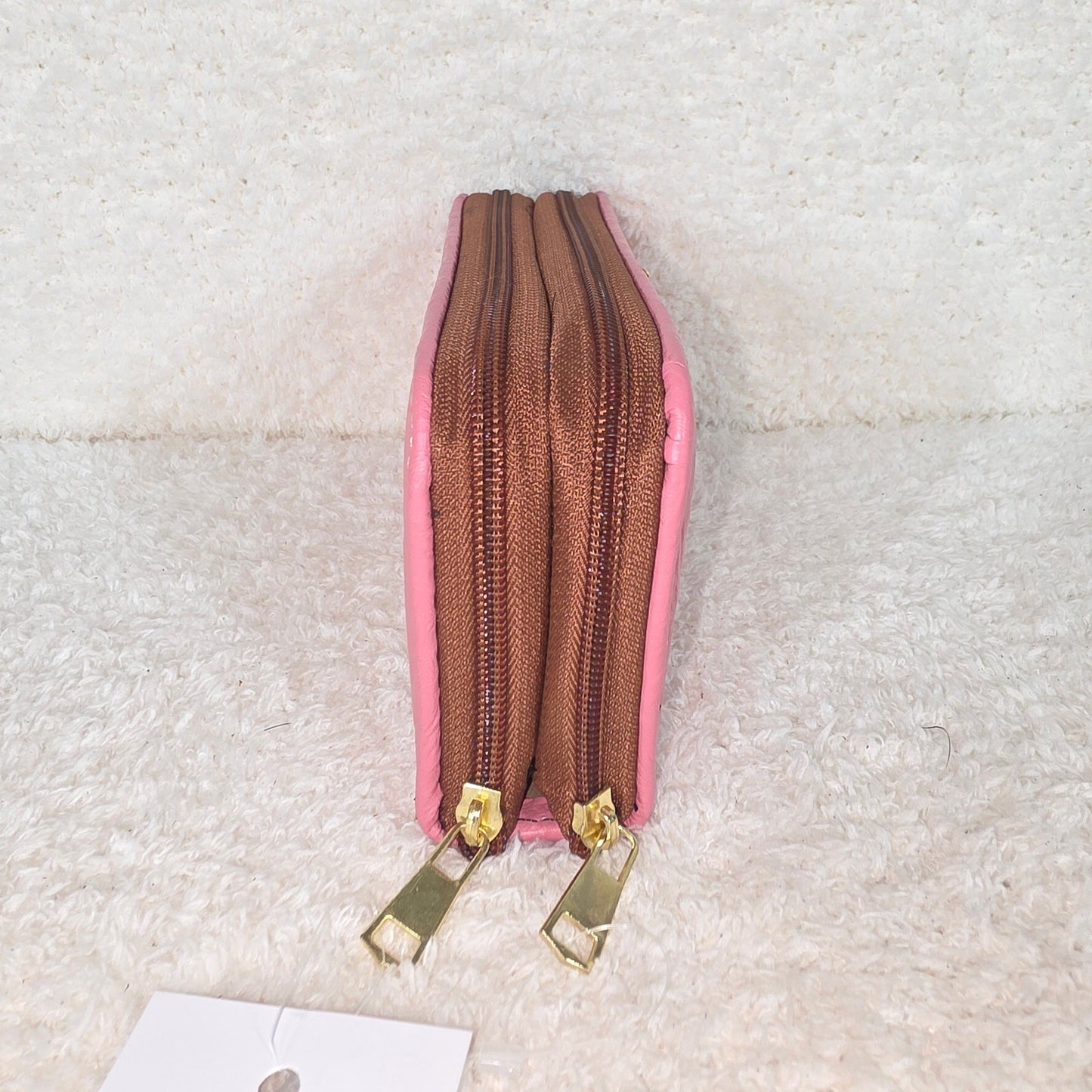 Pink Floral Embossed Leather Double Zip Wallet