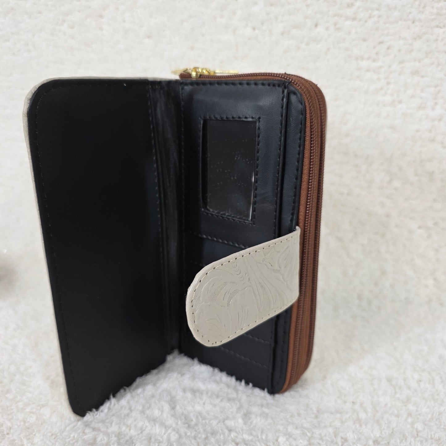 Stone Gray Floral Embossed Leather Tab Closure Wallet