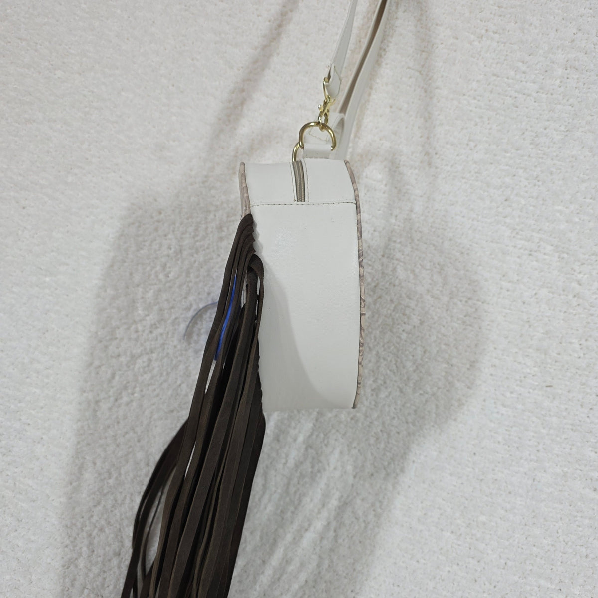 Mexican Tooled White Leather Heart-Shaped Fringe Crossbody Bag