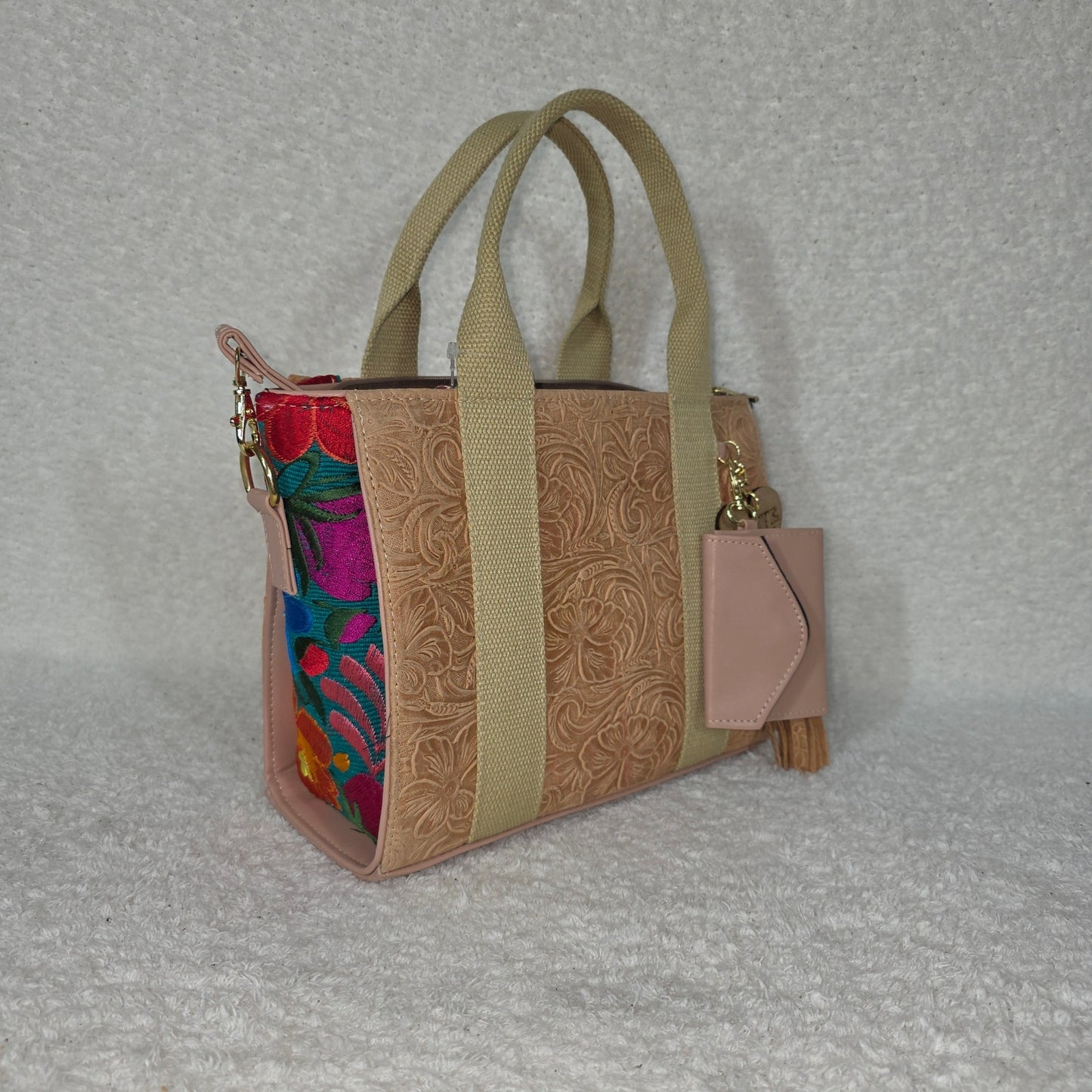Handcrafted Mexican Light Coral Tooled Leather Handbag with Chiapas Loom Embroidered Side Panels
