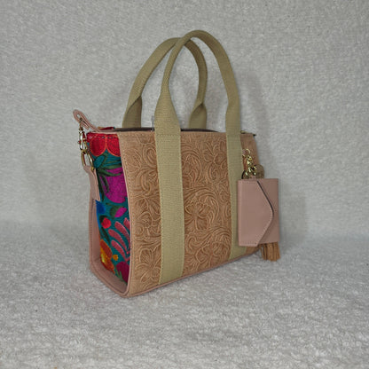 Light Coral Hand-Tooled Leather Handbag with Chiapas Loom Embroidered Side Panels — León