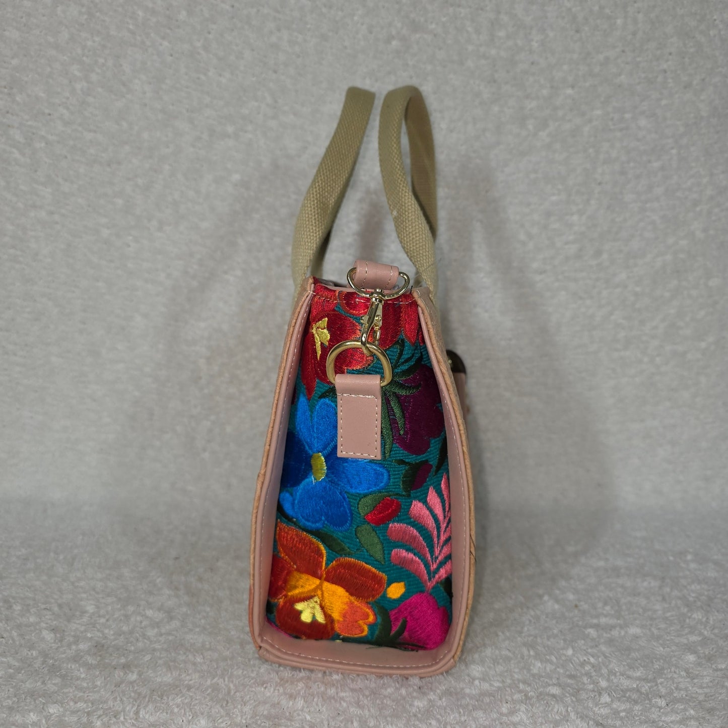 Handcrafted Mexican Light Coral Tooled Leather Handbag with Chiapas Loom Embroidered Side Panels