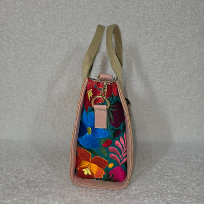 Handcrafted Mexican Blush Tan Tooled Leather & Chiapas Loom Handbag with Light Coral Trim