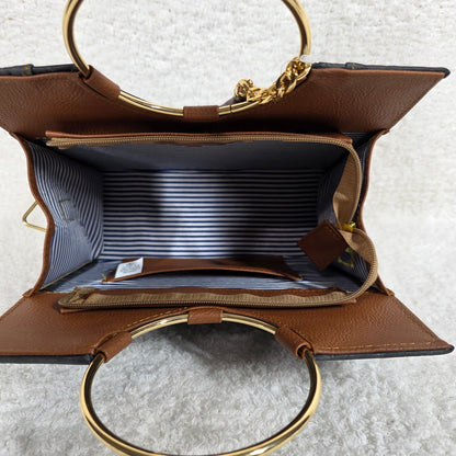 Handcrafted Mexican Ash Black Tooled Leather Handbag with Gold-Tone Ring Handles