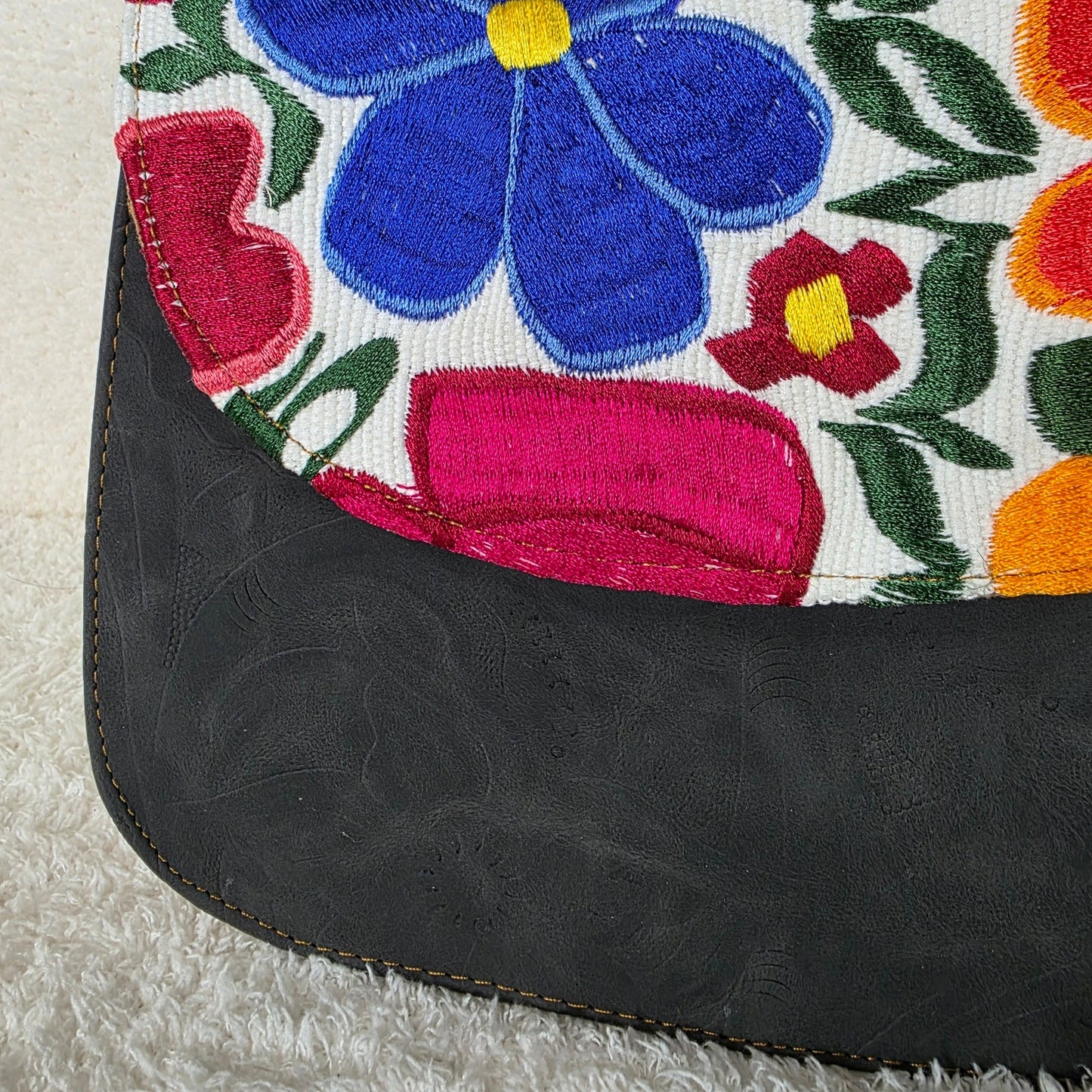 Handcrafted Mexican Matte Black Floral Embossed Vegan Leather Handbag with Chiapas Loom Flap & Gold-Tone Metal Handle