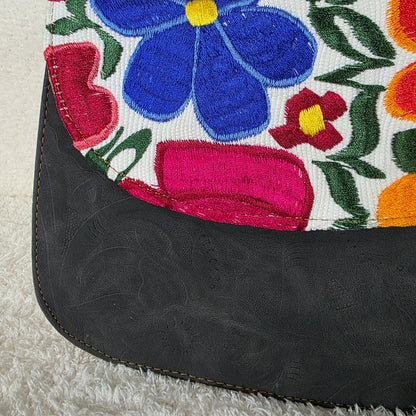 Matte Black Floral Embossed Vegan Leather Handbag with Chiapas Loom Flap & Gold-Tone Metal Handle