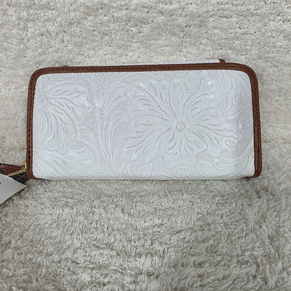 White Floral Embossed Leather Convertible Wallet Crossbody with Brown Trim