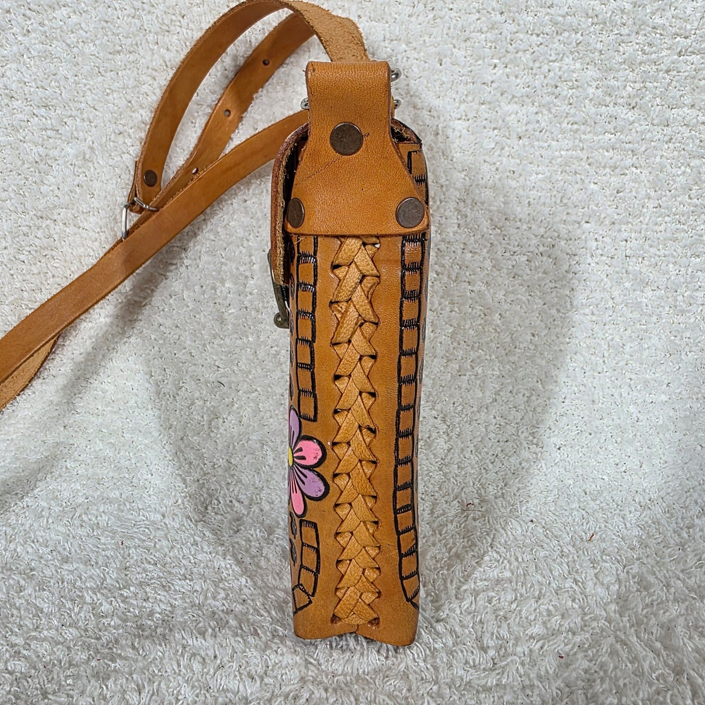 Honey Brown Hand Painted Floral Embossed Leather Cell Phone Bag Made in Mexico