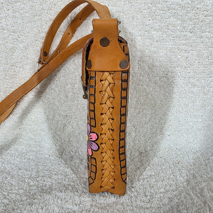 Honey Brown Hand Painted Floral Embossed Leather Cell Phone Bag Made in Mexico