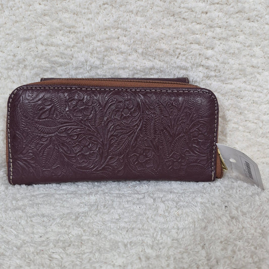 Burgundy Floral Embossed Leather Double Zip Wallet with Flap | Handmade in Mexico