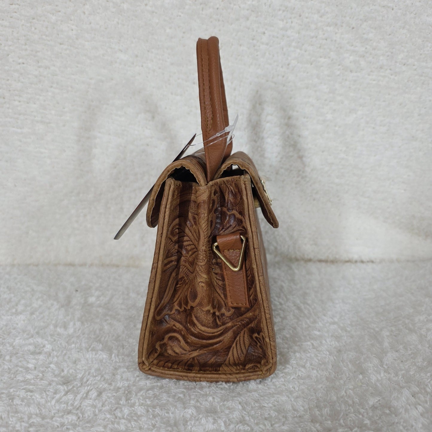 Light Brown Floral Embossed Leather Mini Bag with Detachable Strap