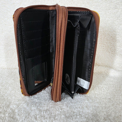 Yellow Floral Embossed & Chiapas Loom Leather Double Zip Wallet