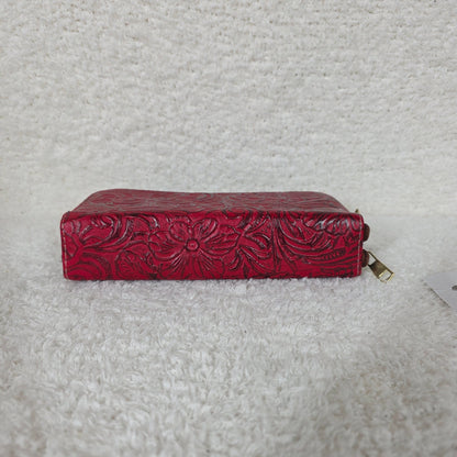 Red Floral Embossed Leather Double Zip Wallet