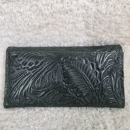 Forest Green Floral Embossed Leather Tri-fold Wallet