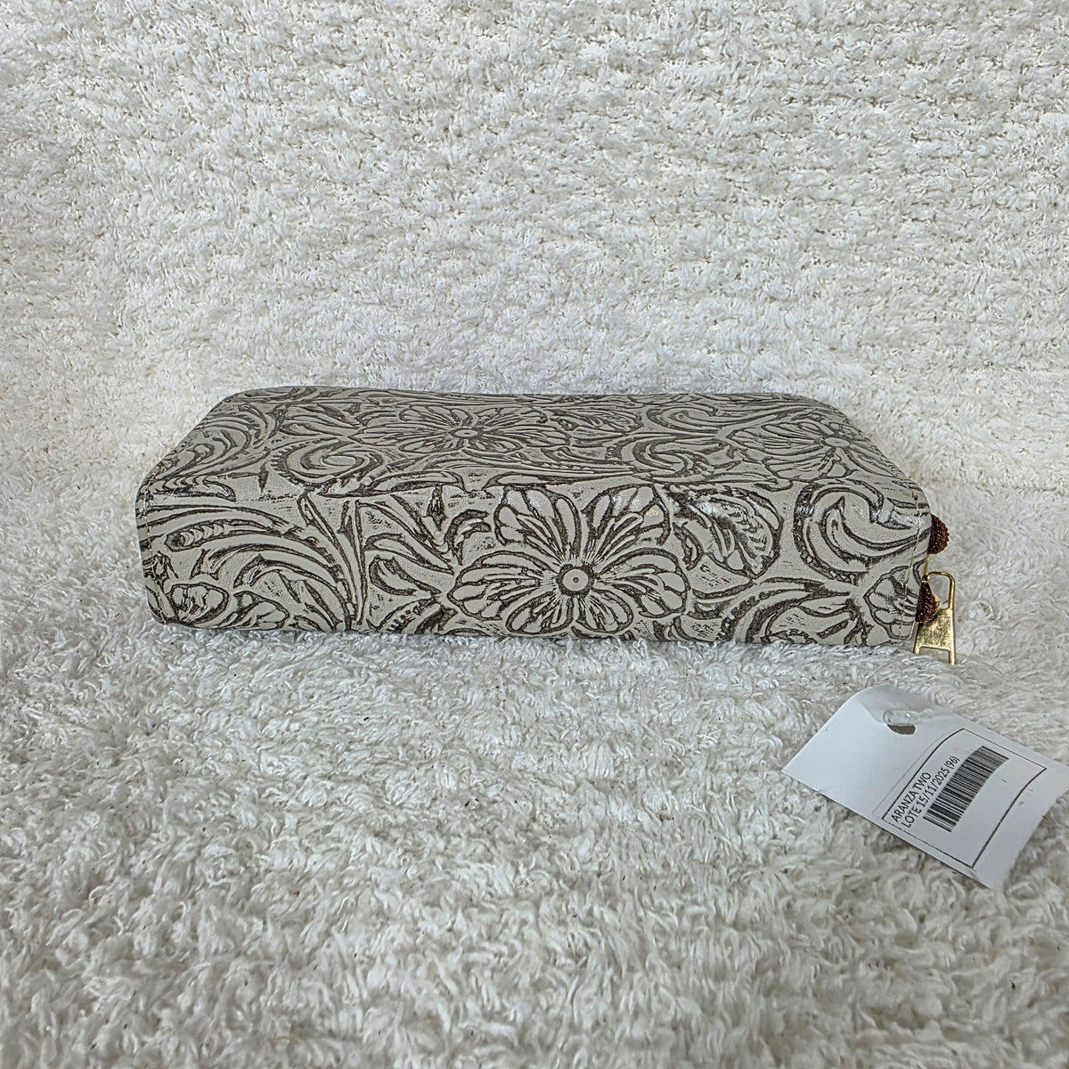 Light Beige with Metallic Finish Floral Embossed Leather Double Zip Wallet