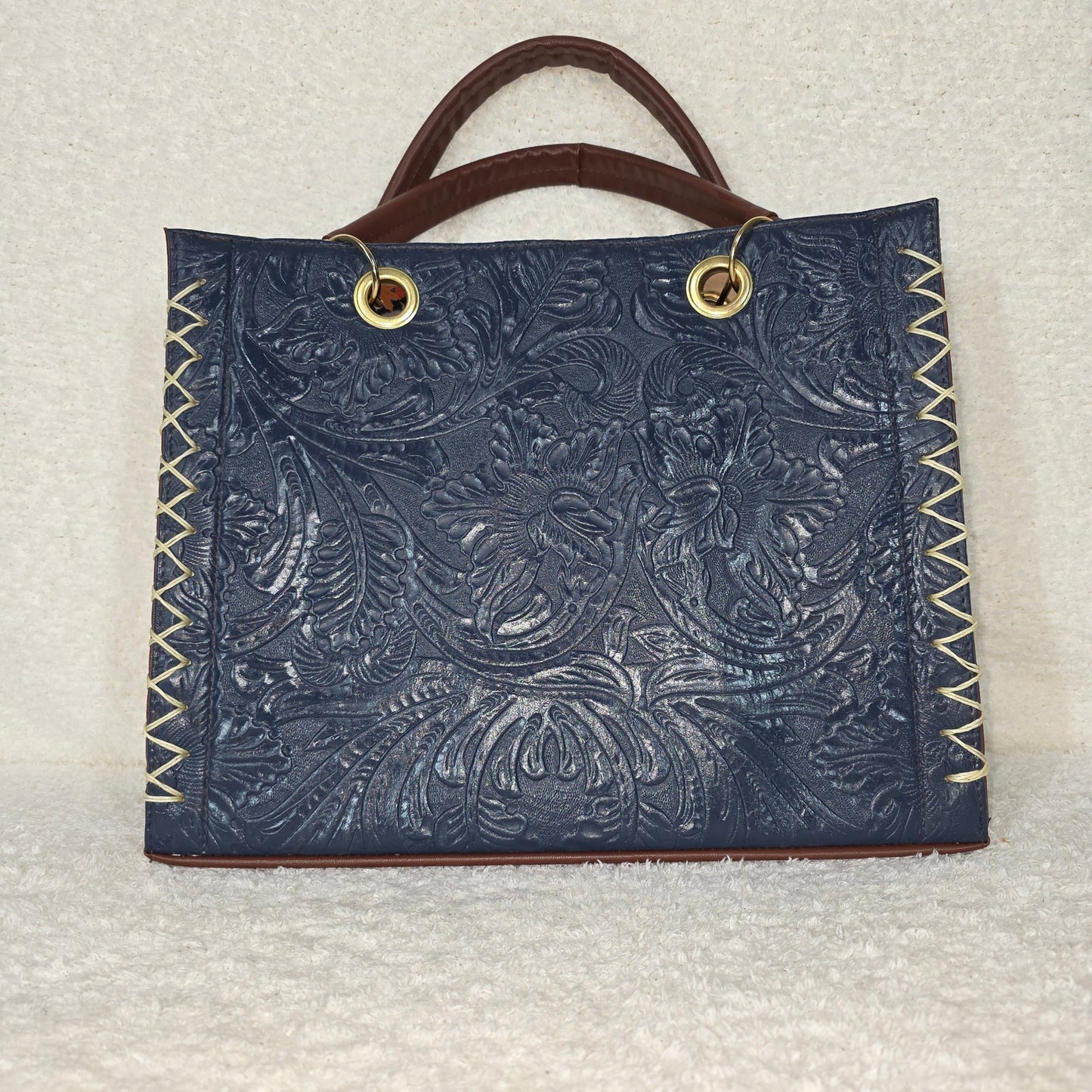 Handmade Blue Floral Embossed & Painted Leather Satchel
