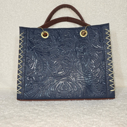 Blue Floral Embossed & Hand Painted Leather Satchel with Matching Cosmetics Bag — Handmade in Mexico