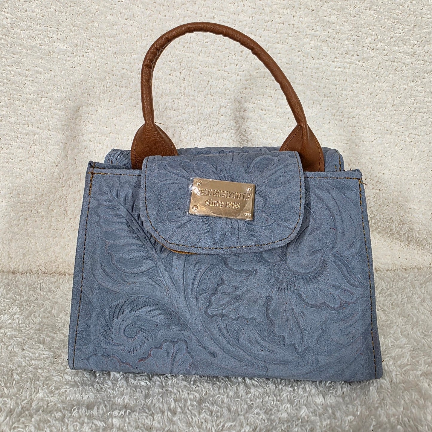 Light Blue Floral Embossed Leather Mini Bag with Detachable Strap
