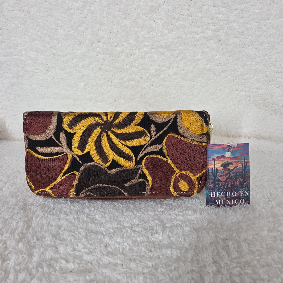 Yellow Floral Embossed & Chiapas Loom Leather Double Zip Wallet