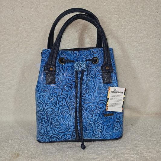 Blue Floral Hand-Tooled Genuine Leather Drawstring Bucket Bag — Handmade in León, Guanajuato
