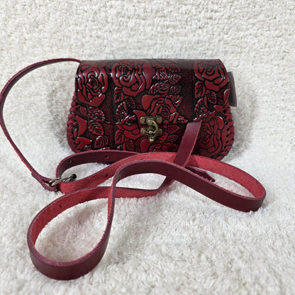 Mexican Hand-Tooled Roses Red Leather Crossbody Bag