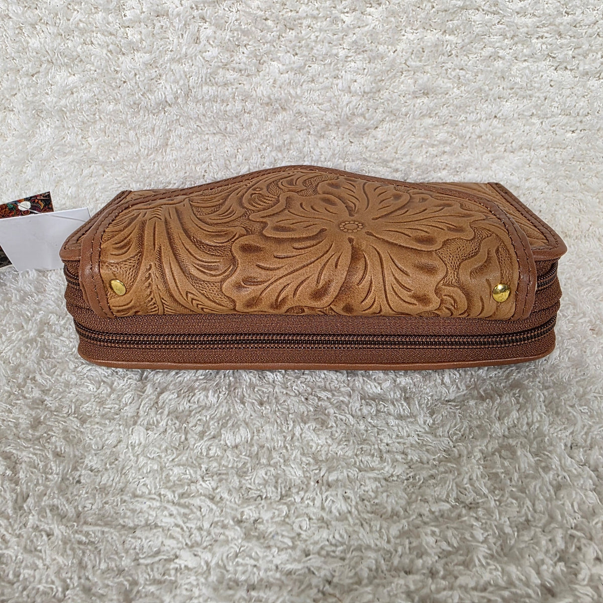 Light Brown Floral Embossed Leather Convertible Wallet Crossbody with Brown Trim