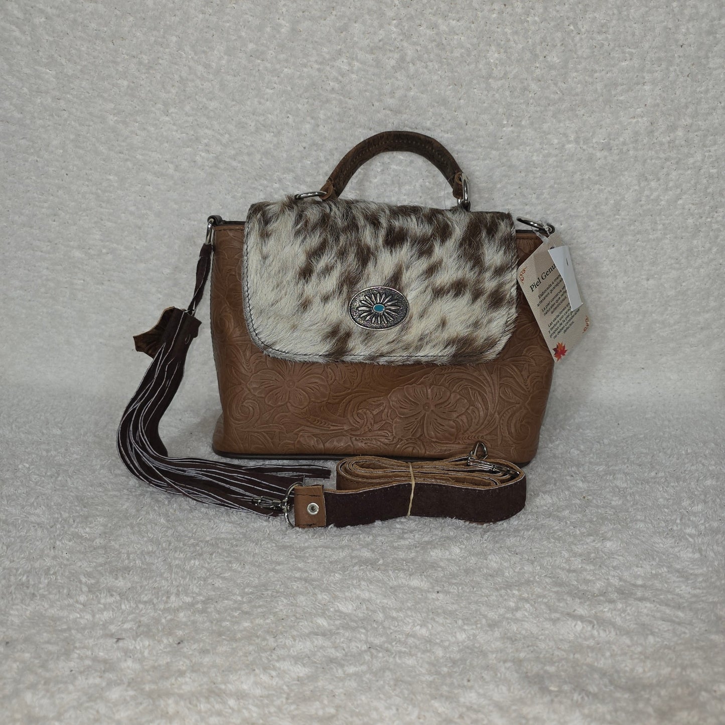 Handcrafted Mexican Brown Tooled Leather & Cowhide Hair-On Western Handbag with Turquoise Concho