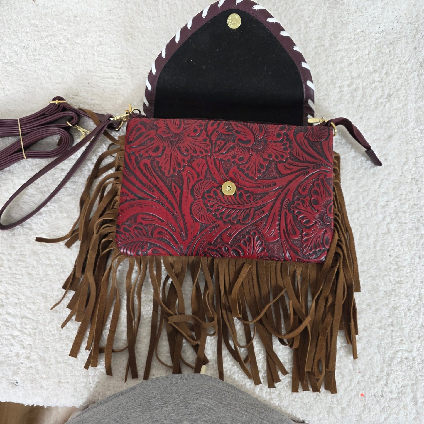 Mexican Red Floral Embossed Tooled Leather & Cowhide Fringe Crossbody Bag