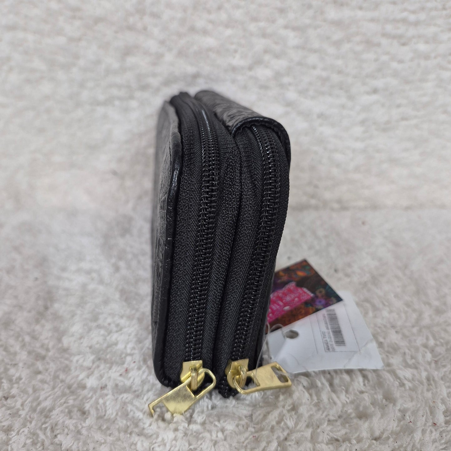 Black Floral Embossed Leather Flap Closure Wallet