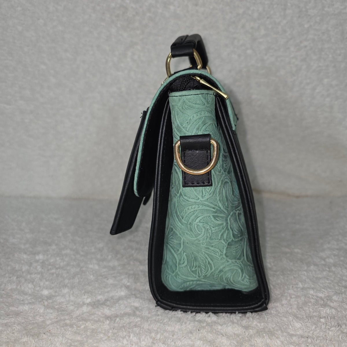 Handcrafted Mexican Floral Embossed Mint Green Genuine Leather Top-Handle Bag