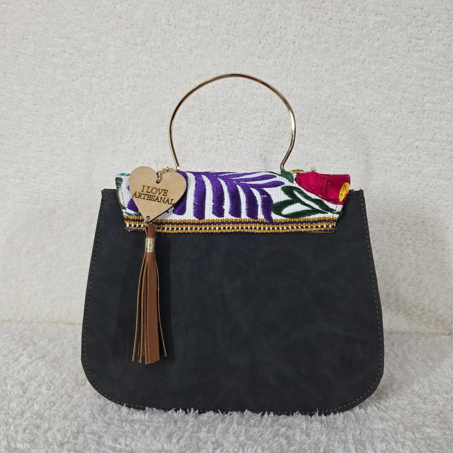 Handcrafted Mexican Matte Black Floral Embossed Vegan Leather Handbag with Chiapas Loom Flap & Gold-Tone Metal Handle