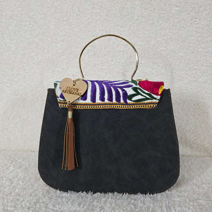 Matte Black Floral Embossed Vegan Leather Handbag with Chiapas Loom Flap & Gold-Tone Metal Handle