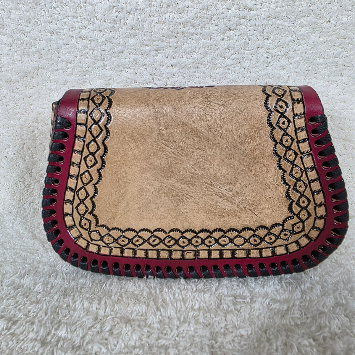 Mexican Hand-Tooled Leather Flower & Butterflies Tan Crossbody Bag with Burgundy Border