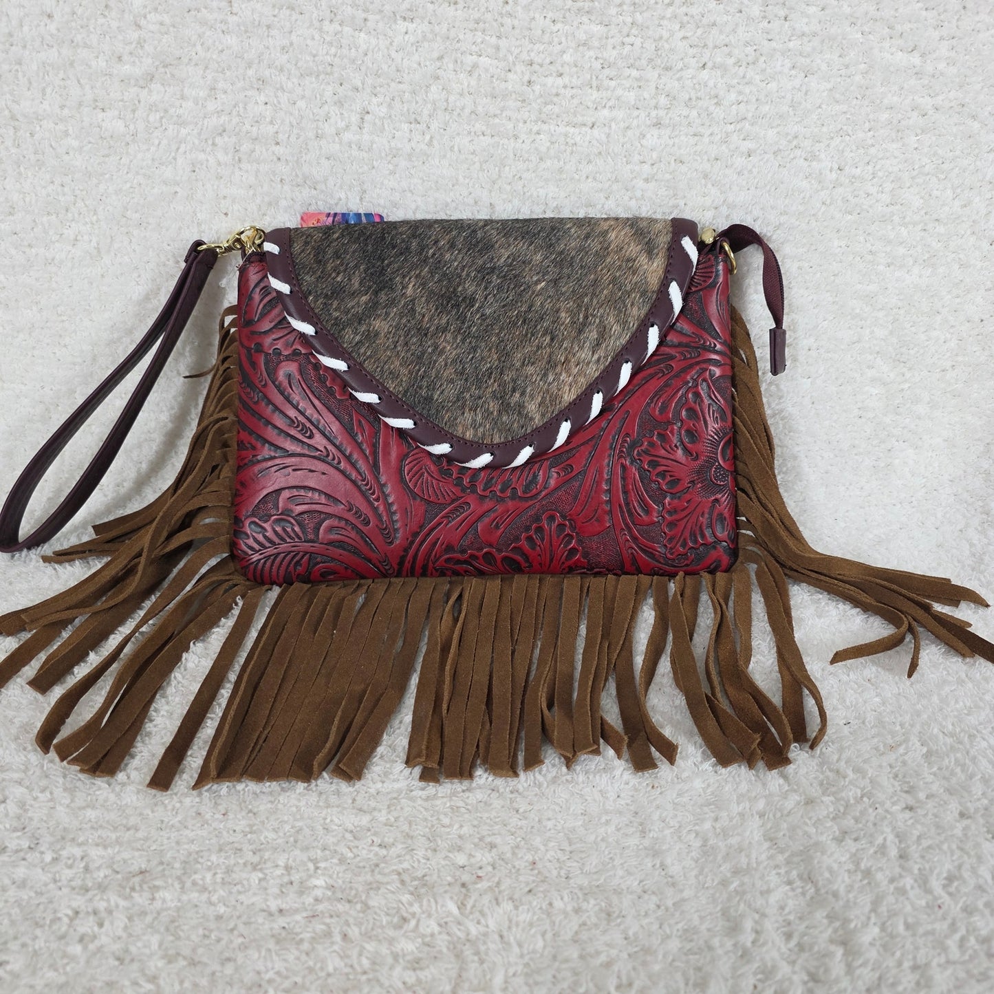Mexican Red Floral Embossed Tooled Leather & Cowhide Fringe Crossbody Bag