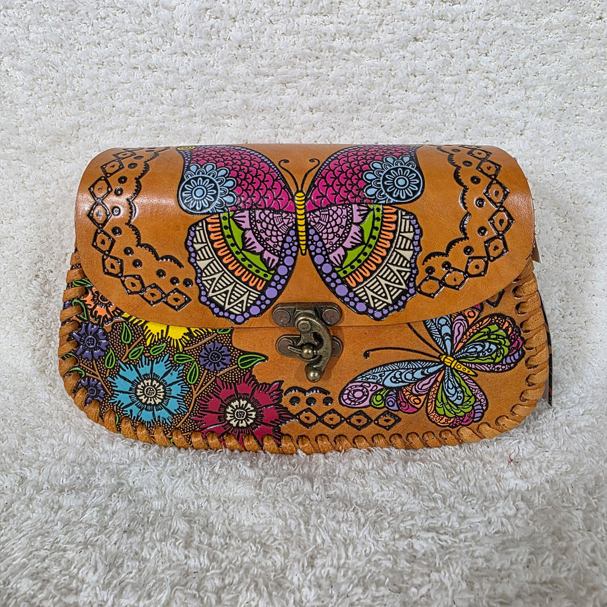 Honey Brown Hand-Tooled Flowers & Butterflies Genuine Leather Crossbody Bag — Handmade in Mexico