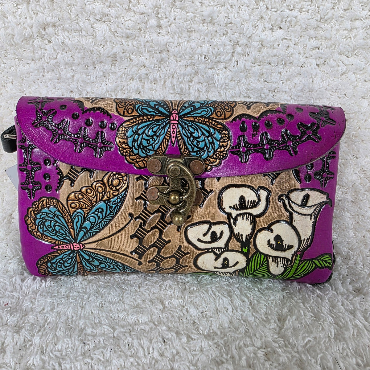 Mexican Hand-Tooled Leather Butterfly & Calla Lily Wristlet Clutch — Tan & Magenta