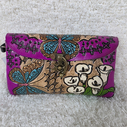 Mexican Hand-Tooled Leather Butterfly & Calla Lily Wristlet Clutch — Tan & Magenta