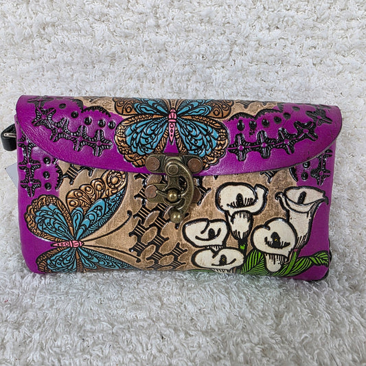 Mexican Hand-Tooled Leather Butterfly & Calla Lily Wristlet Clutch — Tan & Magenta